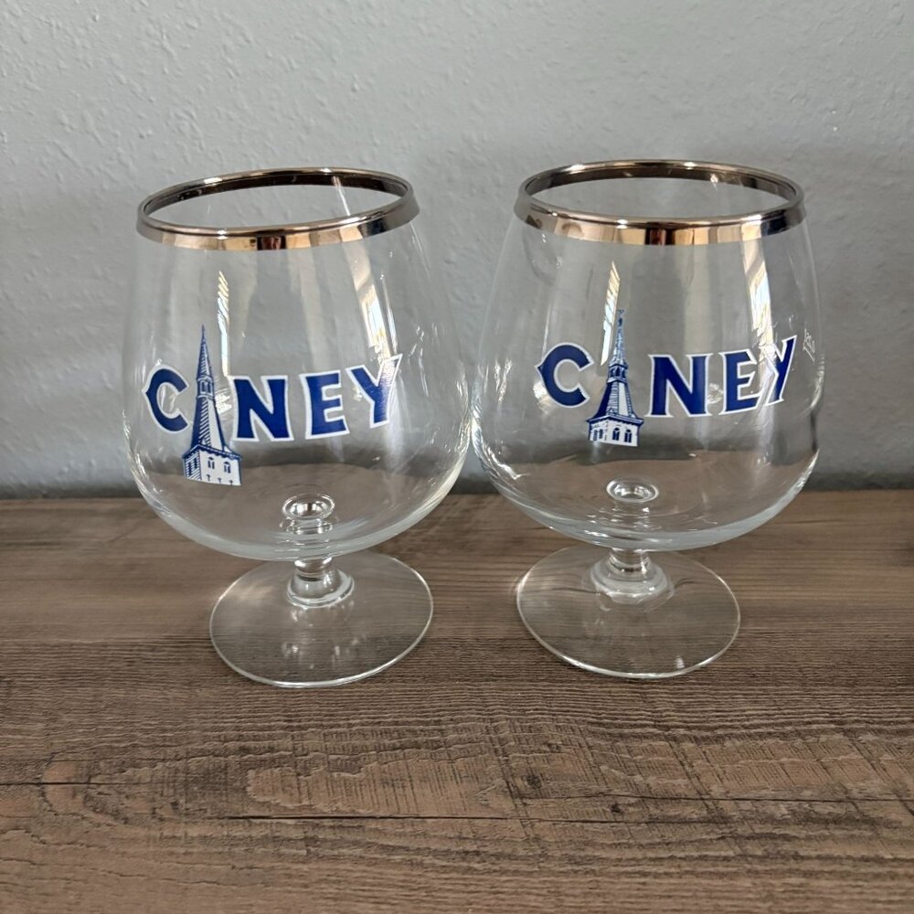 Ciney Beer Glass Stemmed .25l Chalice Silver Rimmed Belgium Brewery Set of‎ 2